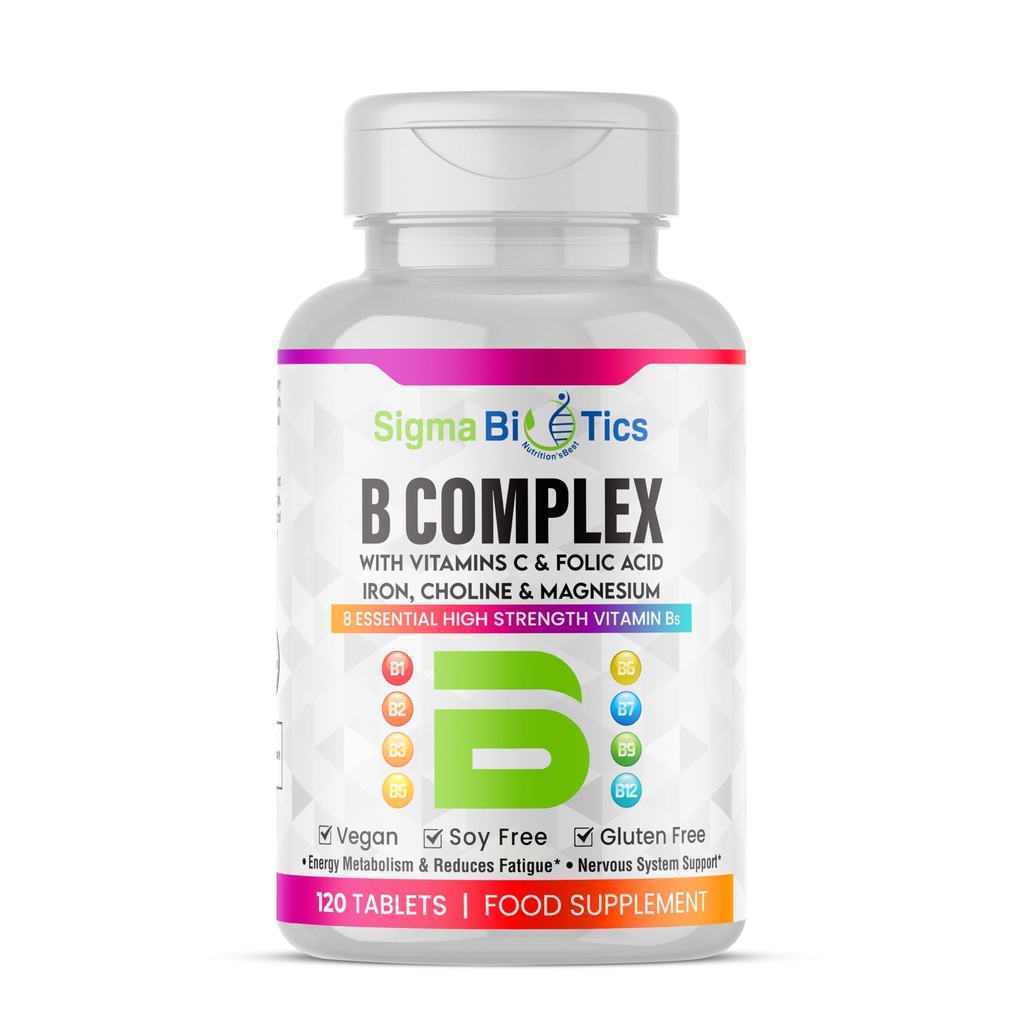 B Complex with Vitamin C, Folic Acid, Iron, Choline & Magnesium - Advanced High Potency B1, B2, B3, B5, B6, B7, B9, B12 - Energy & Nervous System Support - Vegan, Non-GMO 120 Tablets
