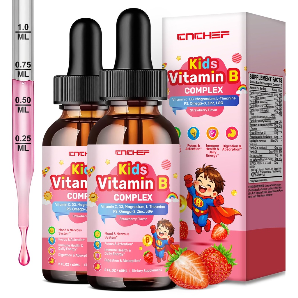 Vitamin B Complex for Kids, B1, B2, B3, B6, B9(Folate), B12, Omega-3 & Magnesium, Kids B Complex Liquid Supplement for Brain, Energy, Focus, Metabolism, Gut & Immune Support,Strawberry Flavor,4 fl oz