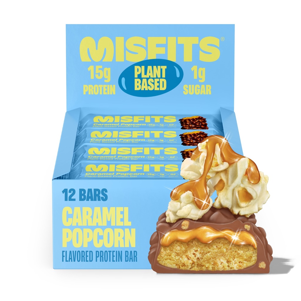 Misfits Vegan Protein Bars - Sweet & Salty Caramel Popcorn | Nutrition Bars - 15g Protein, 1g Sugar, Plant-based, Low Carb, Non-GMO, Gluten Free Snacks | Pack of 12