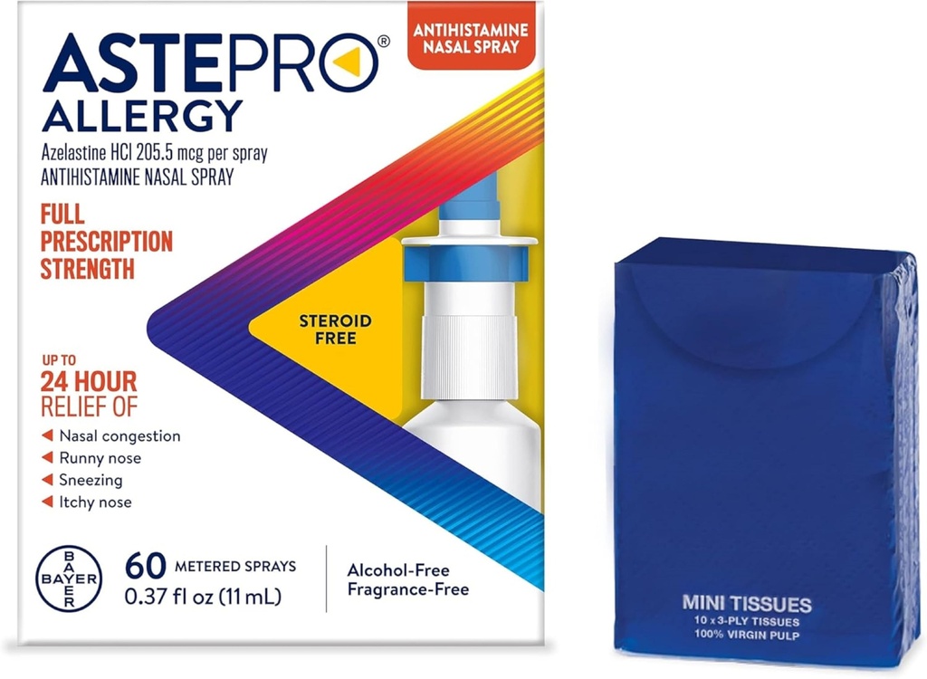 Astepro Nasal Spray and Tissue Bundle, 24-Hour Allergy Relief, Steroid-Free Azelastine HCI, Nasal Congestion, Runny & Itchy Nose, 60 Metered Sprays (Packaging May Vary)