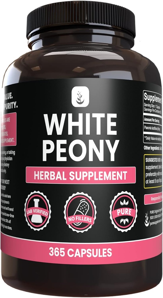 ΑΝΩΤΑΤΑ ΑΡΧΙΚΑ ΣΥΣΤΑΤΙΚΑ Λευκό Peony (365 Κάψουλες) Όχι Μαγνήσιο ή Ρύζι Fillers, Πάντα καθαρό, Εργαστήριο Επαληθευμένο