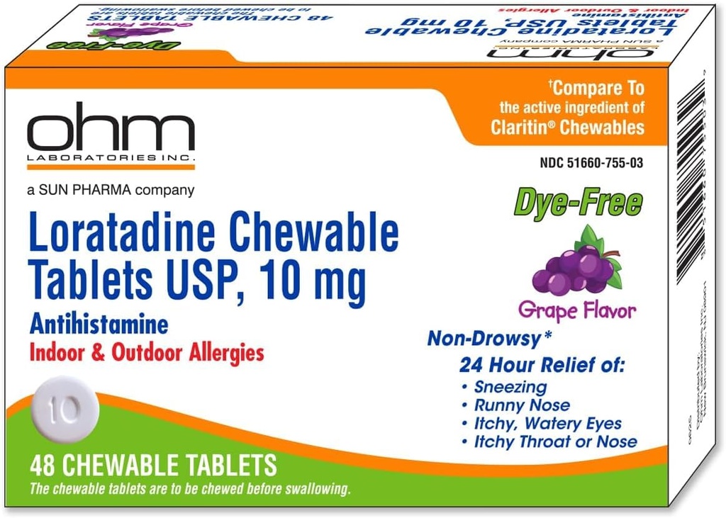 Ohm Loratadine 10mg, Chewable Tablets, Non-Drowsy Antihistamine for Indoor & Outdoor Allergies | Grape Flavor, Dye-Free, Allergy Relief (Large, 48, Count)