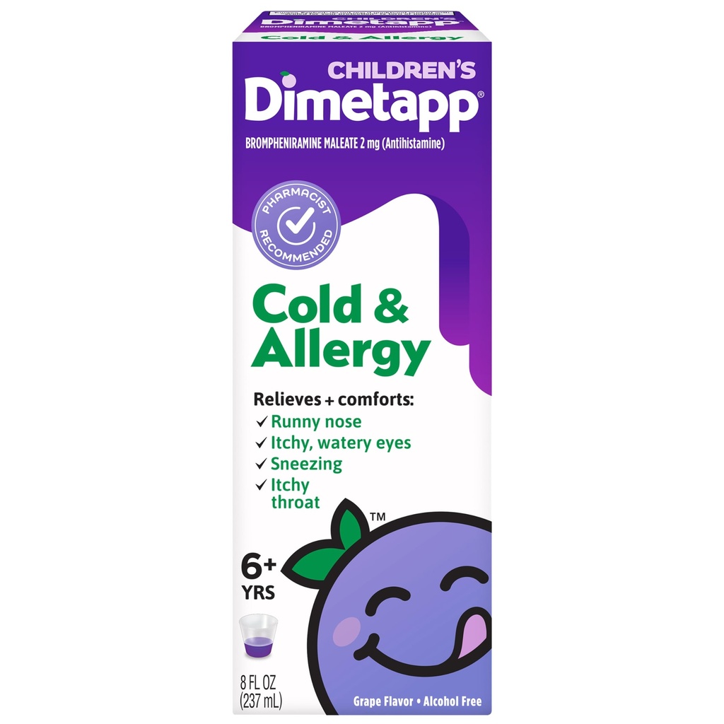 Children's Dimetapp Cold & Allergy Liquid, Grape Flavor, 8 fl oz | Antihistamine relieves runny nose, itchy throat & watery eyes, alcohol- and phenylephrine-free; multi-symptom; ages 6 & up