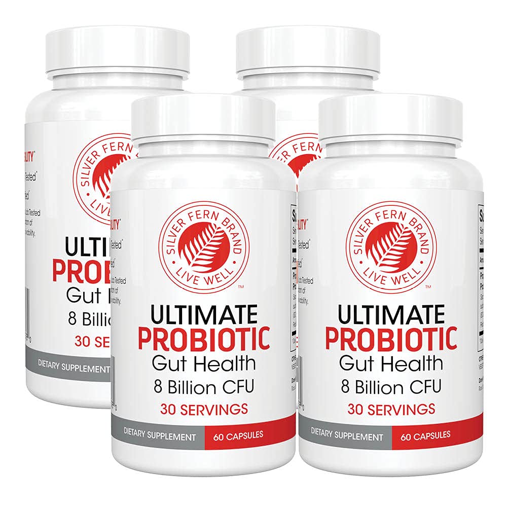 Ασημί Fern Brand Ultimate Probiotic 4-Pack – Προβιοτικά για γυναίκες & άνδρες – 8 δισεκατομμύρια CFU Συμπληρώματα Υγείας Σπόρε-Forming Gut – DNA Επαληθευμένο, Προβιοτικό, Ράφι-Σταθερό, Υψηλή Επιβίωση – 240 κάψουλες