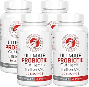 Ασημί Fern Brand Ultimate Probiotic 4-Pack – Προβιοτικά για γυναίκες & άνδρες – 8 δισεκατομμύρια CFU Συμπληρώματα Υγείας Σπόρε-Forming Gut – DNA Επαληθευμένο, Προβιοτικό, Ράφι-Σταθερό, Υψηλή Επιβίωση – 240 κάψουλες