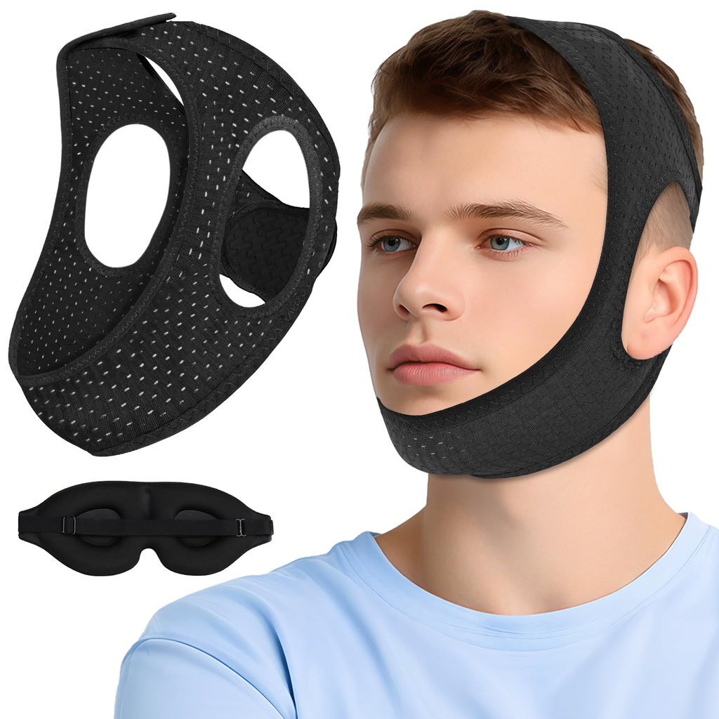 Chin Strap for Sleeping, Anti Snoring Devices Comfortable Effective | Stop Snoring Solution, Snore Stopper Breathable, Anti Snoring Chin Strap Adjustable Velcro, with Eye Mask, Black