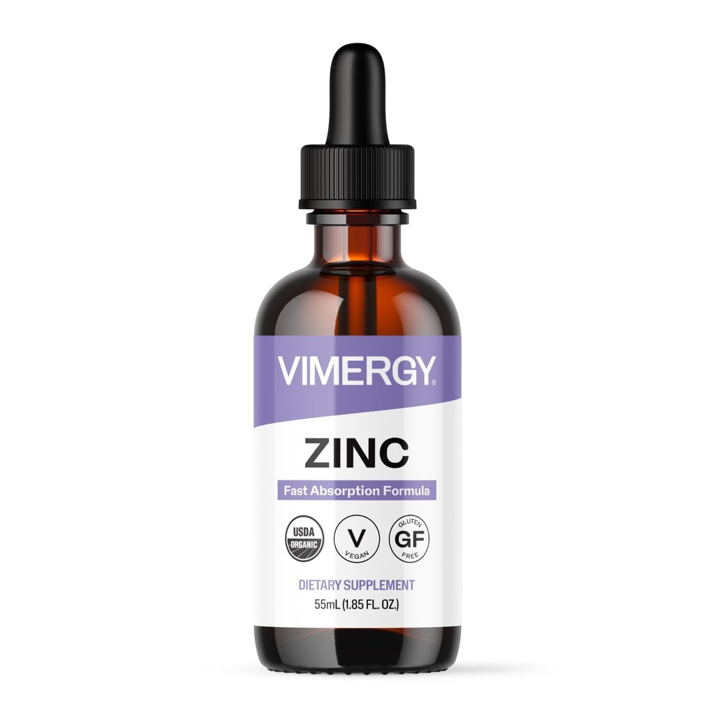 VIMERGY USDA Organic Zinc Supplements for Women & Men (7.5mg Liquid Zinc Per Serving) Fast-Absorbing Immune Support, Promotes Healthy Bones & Skin, Vegan (55 mL)