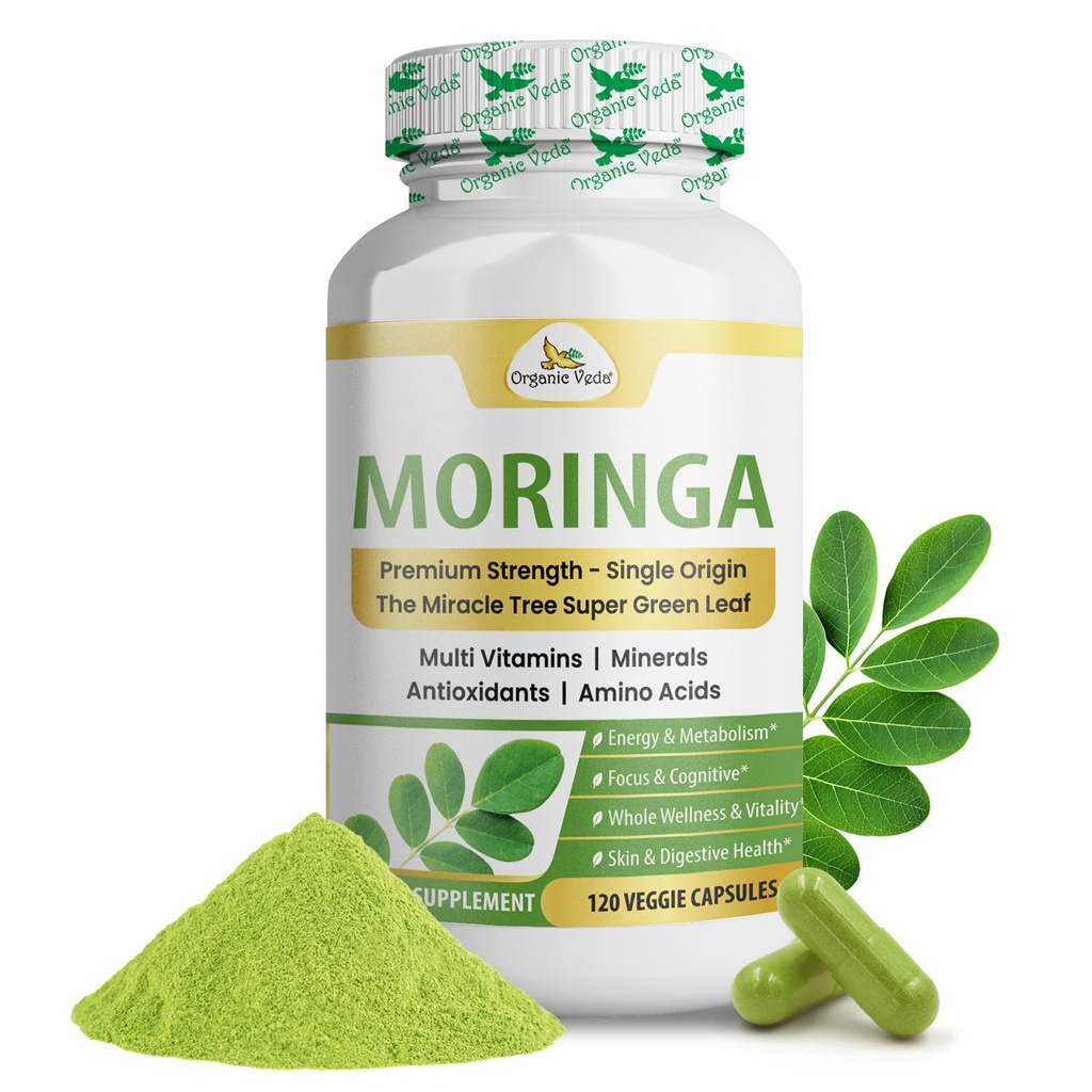 Organic Veda Moringa Leaf Caps 1000mg, 120 Count - Pure Raw Moringa Oleifera Powder Whole Leaves Green Super Food Supplement - Ενισχύει την ενέργεια, την υγεία, την ευεξία και τα αντιοξειδωτικά πλούσια