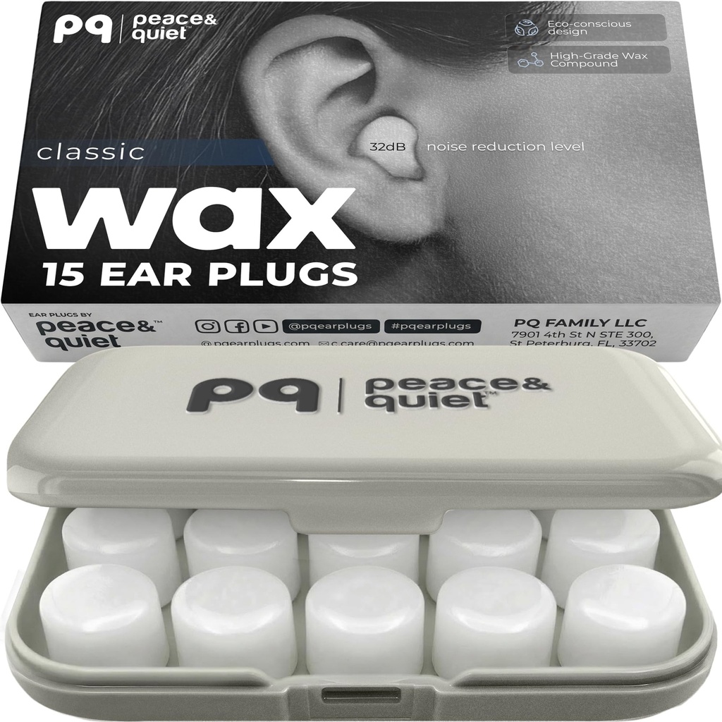 Peace&Quiet PQ Wax Ear Plugs for Sleeping, Swimming - 15 Soft Noise Cancelling Silicone Gel Wax Earplugs for Sleep and Swimmers, Ear Protection with Sound Blocking Level of 32 Db, (15-Pillows)