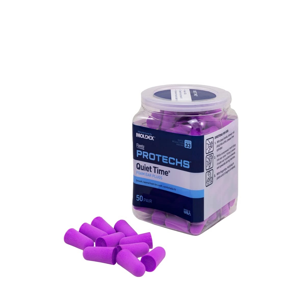 Flents Protechs Quiet Time Foam Ear Plugs, NRR 33, 50 Pair, Purple | Reusable Foam Ear Plugs for Sleeping, Snoring, Loud Noise, Traveling, Concerts, Construction, Studying, Work & Shooting