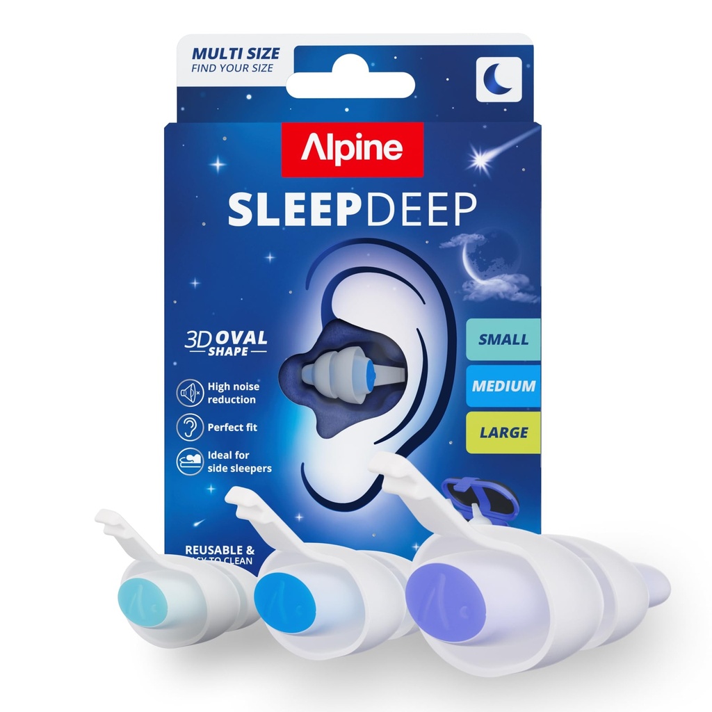 Alpine SleepDeep Reusable Earplugs for Sleeping | Earbuds for Side Sleepers | Multi Size Pack (S/M/L) 27dB SNR | Soft Ear Plugs For Noise Reduction|Silicone-Free| Ear Protection |Travel Airplane