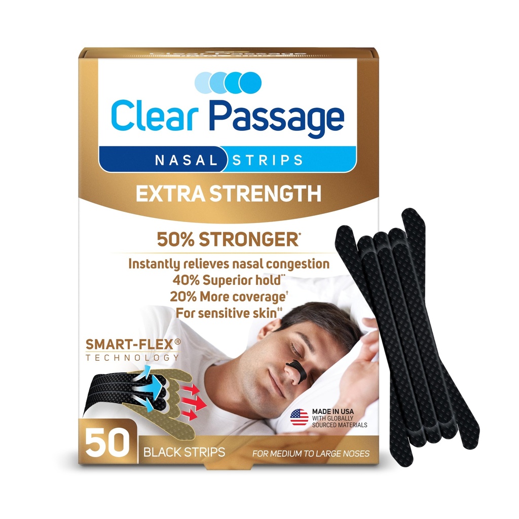 Clear Passage Nasal Strips, Black Extra Strength, 50 Count | Works Instantly to Opens Nasal Passages, Improve Sleep, Reduce Snoring, & Relieves Nasal Congestion Due to Colds & Allergies