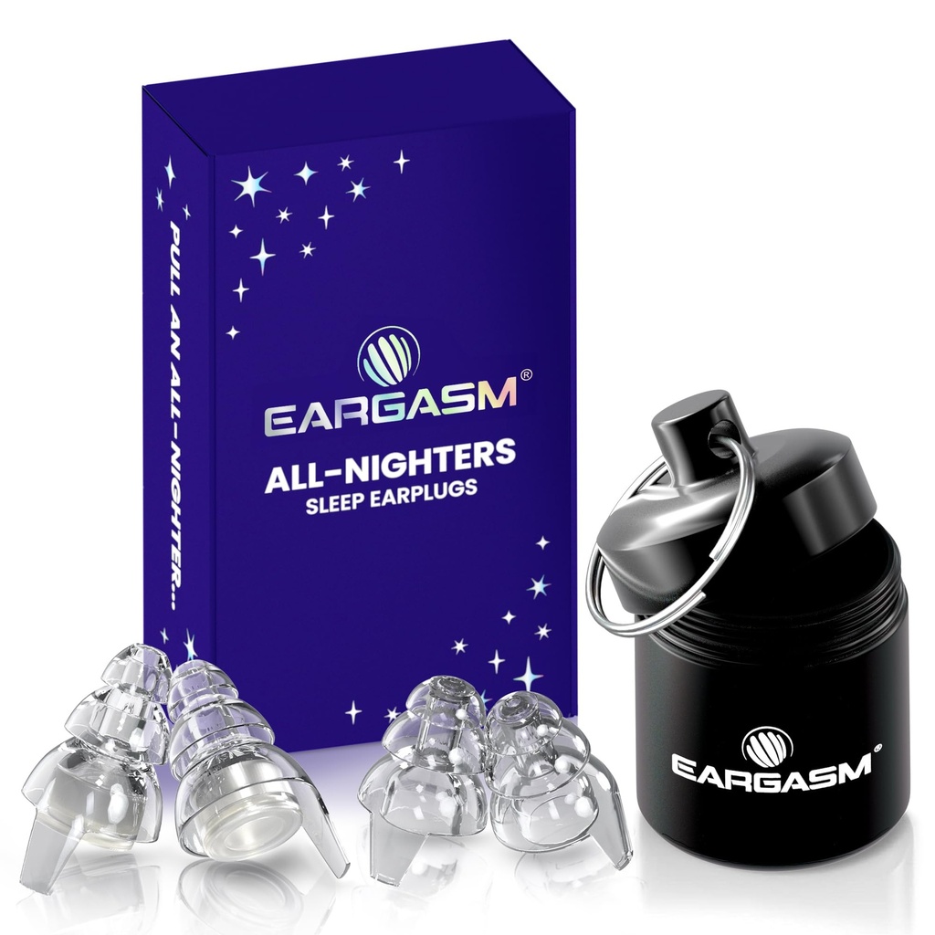 Eargasm All-Nighters Standard Earplugs - Sleep Ear Plugs with Sound-Stopping Inserts for Sleeping, Studying, Blocking Snoring - Noise Reduction up to 23 dB While Sleeping, Focus for Studying