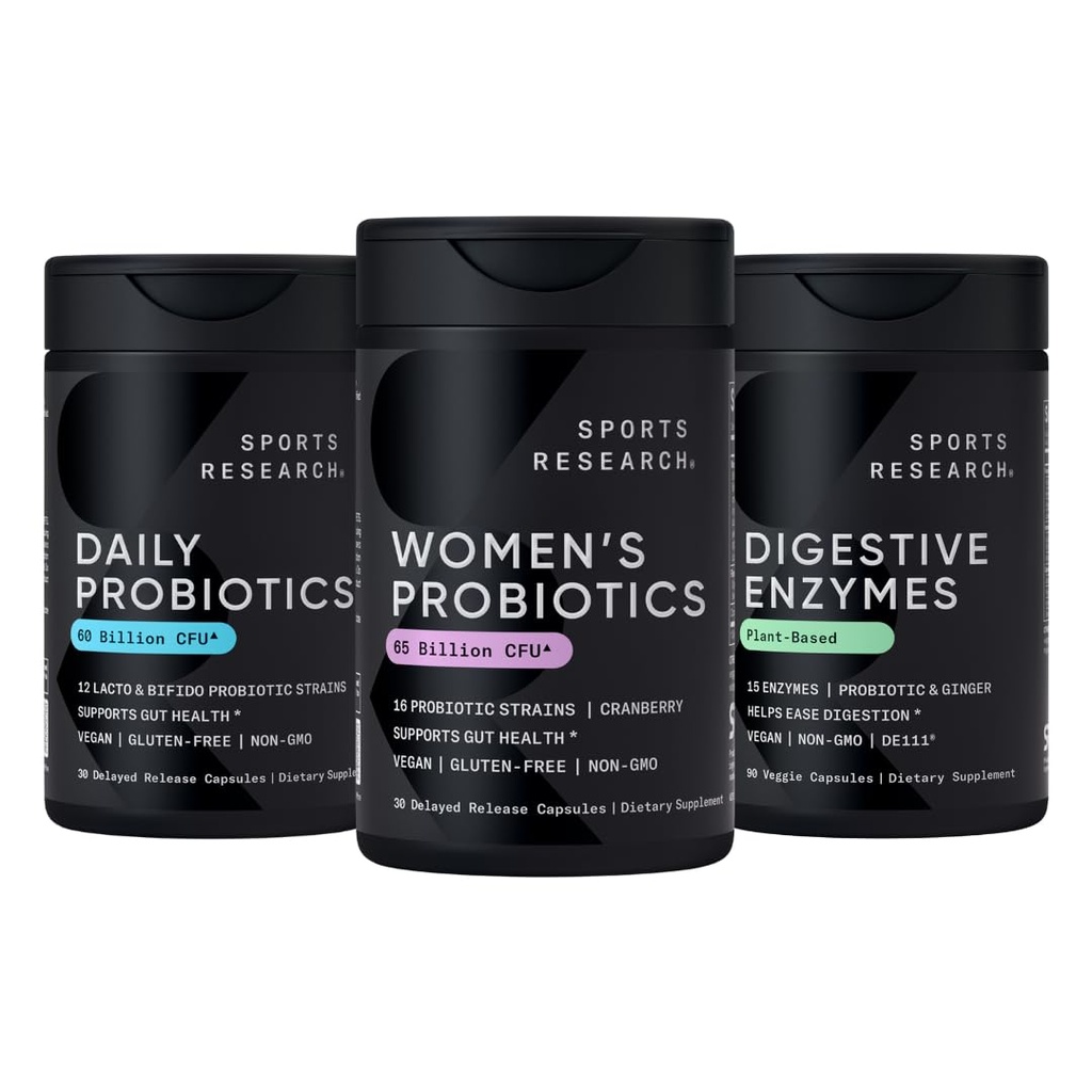 Sports Research All Vegan: Daily Probiotics with Prebiotics (60 Billion CFU), Digestive Enzymes with Probiotics & Ginger (Plant Based) & Γυναικεία Προβιοτικά με Prebiotics (65 Billion CFU)