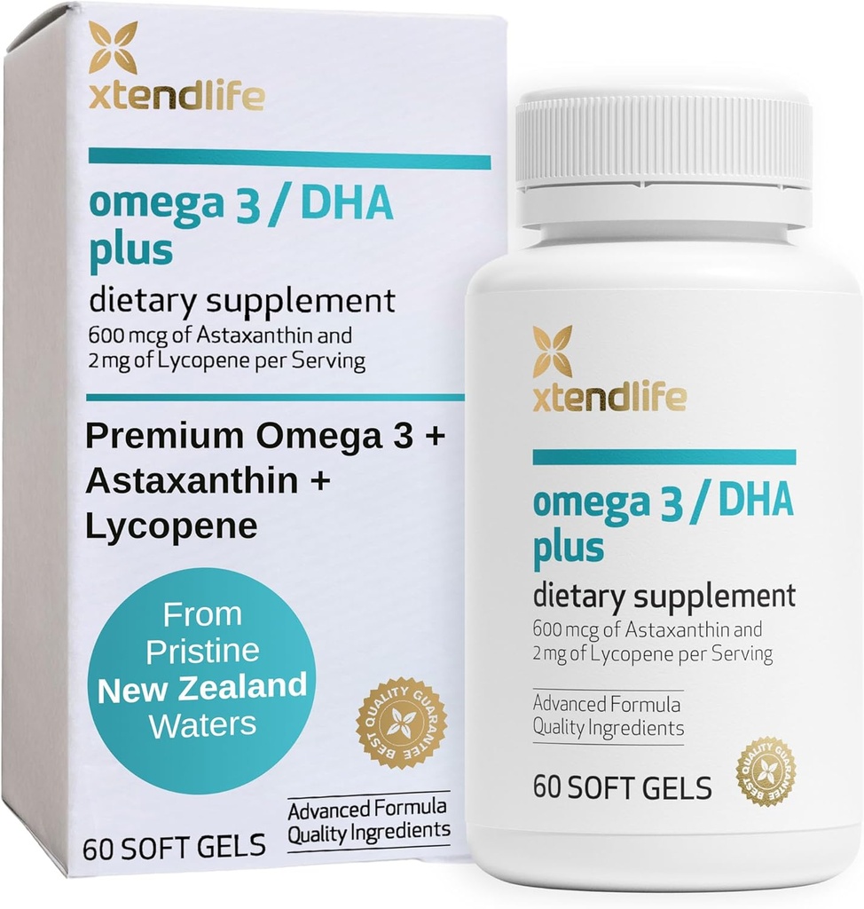 Xtendlife Omega 3 DHA Plus Fish Oil for Heart, Brain, Eye & Skin Health - 1100mg Omega-3 with DHA, EPA, Lycope & Aspaxanthin - 1 Μήνας Προμήθεια (60 Count)