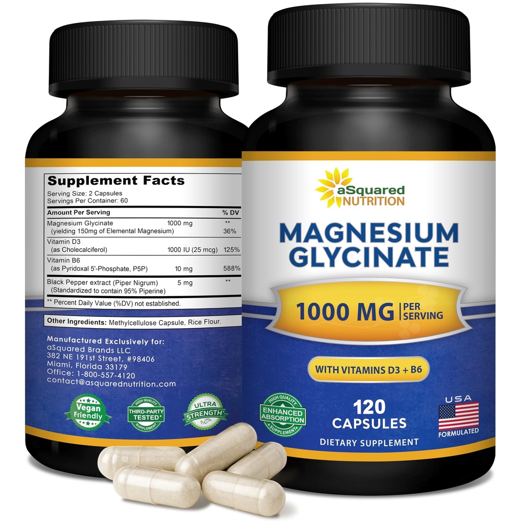 Γλυκινικό μαγνήσιο 1000mg με βιταμίνη D3 & B6-500mg ανά κάψουλα - Pure Elemental Mag Supplement Complex για τον ύπνο, τους μυς, την υγεία των οστών - Αντικατάσταση Gummies, δισκία & σκόνη - 120 κάψουλες