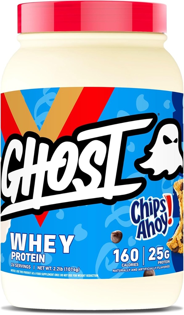 GHOST Whey Protein Powder, Chips Ahoy! - 2LB, 25G of Protein - Whey Protein Blend - ­Post Workout Fitness & Nutrition Shakes, Smoothies, Baking & Cooking - Cookie Pieces Inside