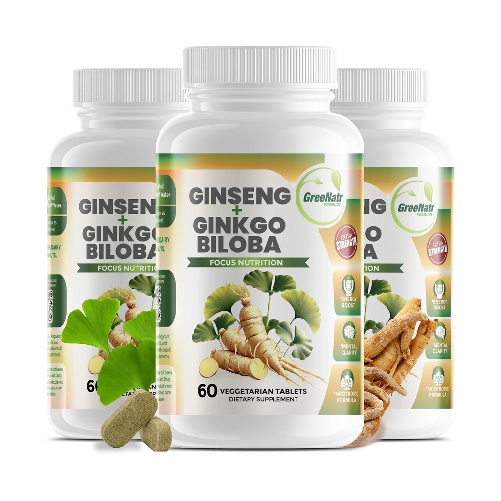 GreeNatr Ginko Biloba & Panax Ginseng συμπλήρωμα - Κόκκινο Ginseng Brain συμπλήρωμα για τη μνήμη και την εστίαση - Ginkgo Biloba συμπληρώματα για καλή όραση, ανοσοποιητικό σύστημα και βελτιωμένη ροή αίματος - 3 μπουκάλια