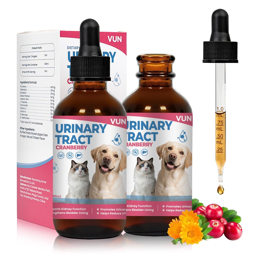Cat UTI Treatment,Dog Urinary Tract Infection Drops, Renal Health for Cats Pets - Kidney Support,Bladder Control for Dogs Incontinence - Cat UTI Remedy Cranberry & D-Mannose (2 Pack)