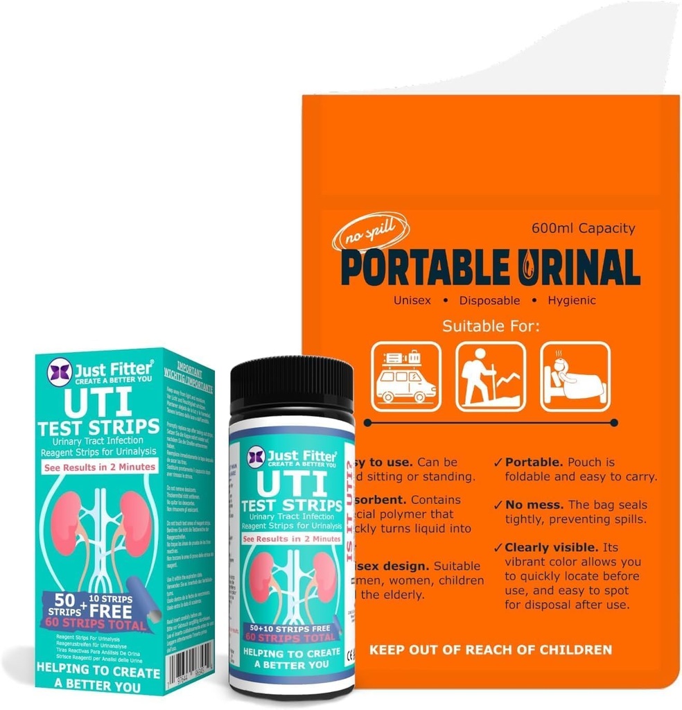 UTI Kit – UTI Test Strips with Emergency Urination Support Bags, 60 Urinary Tract Infection Test Strips with 6 Portable Disposable Urine Bags, Home Urinalysis Test for Leukocytes & Nitrites
