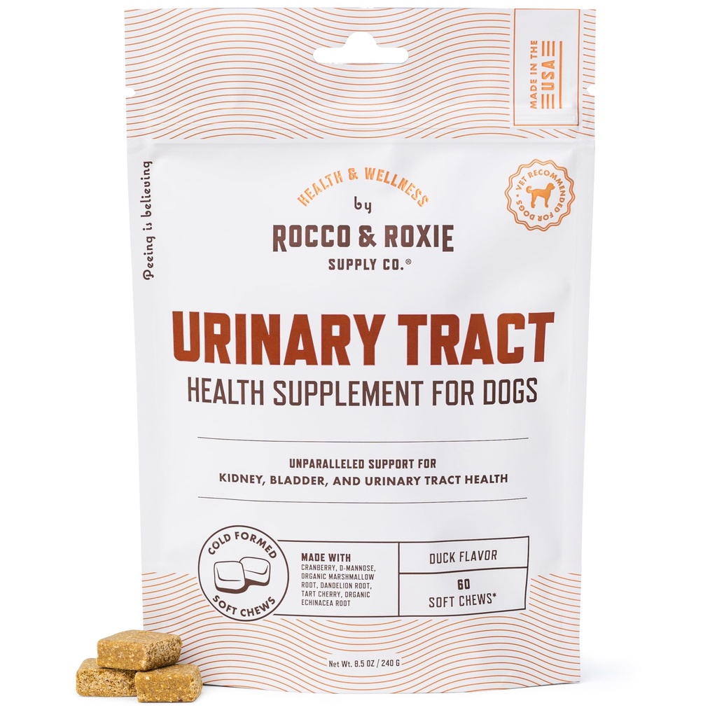 Rocco & Roxie Dog UTI Treatment, Cranberry & D-Mannose Chews, 60ct | Bladder control & urinary tract support; cranberry, D-mannose & tart cherry; helps incontinence; daily soft chew