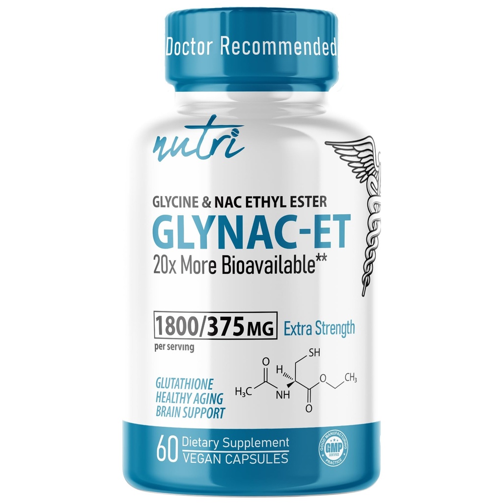 Nutri NAC Ethyl Ester + Glycine - Extra Strength 375mg - NACET withe Selenium - 80% βιοδιαθεσιμότητα - N-Acetylcysteine - Συμπλήρωμα κατά της γήρανσης, Boost Glutathionone - 60 κάψουλες - 3ο μέρος δοκιμαστεί
