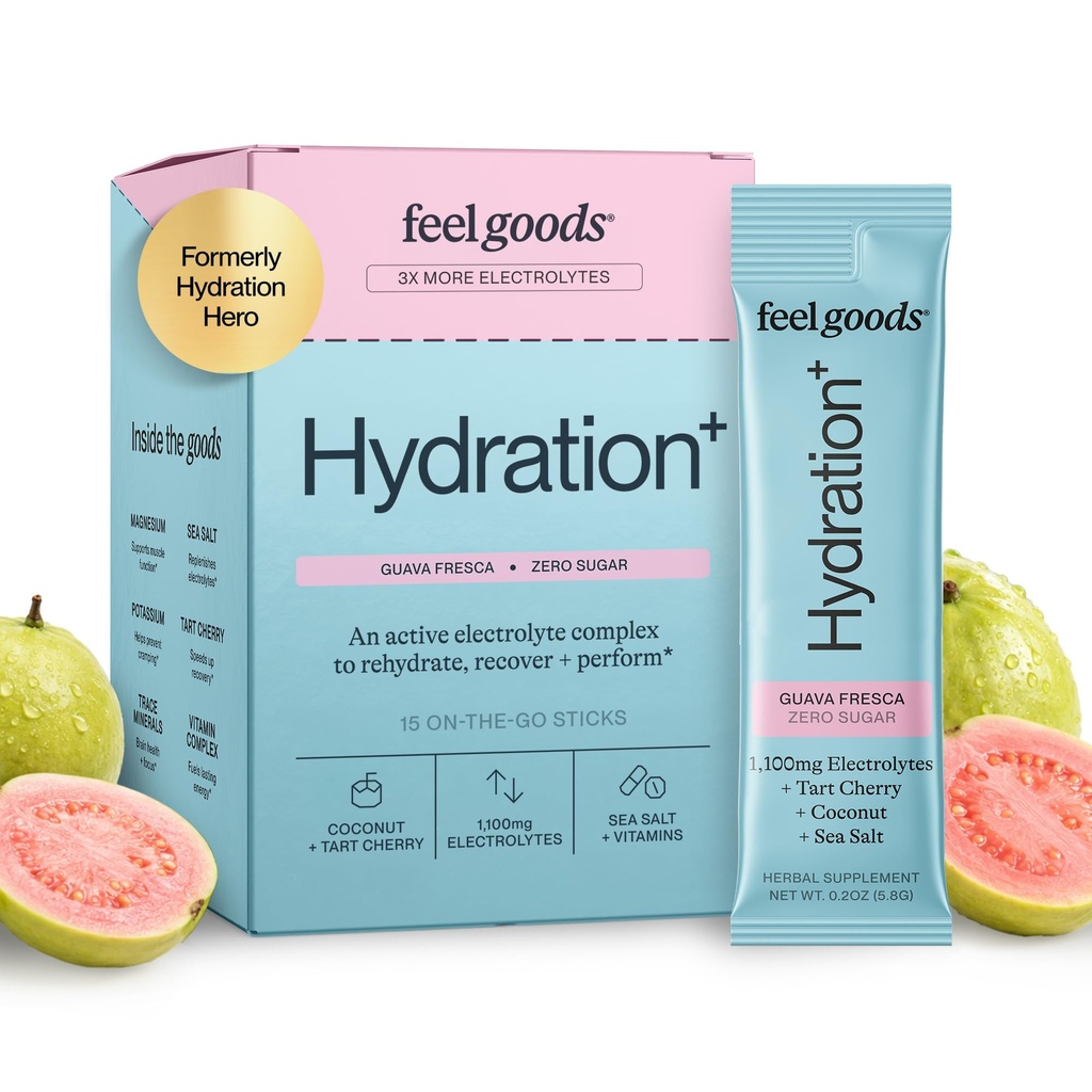 Feel Goods Hydration Hero, 1000mg ηλεκτρολυτών σκόνης, χωρίς ζάχαρη, μαγνήσιο, οργανικό νερό καρύδας, L θεανίνη, βιταμίνη C & B12, μη GMO, Keto, Vegan, Electrolyte Packets 