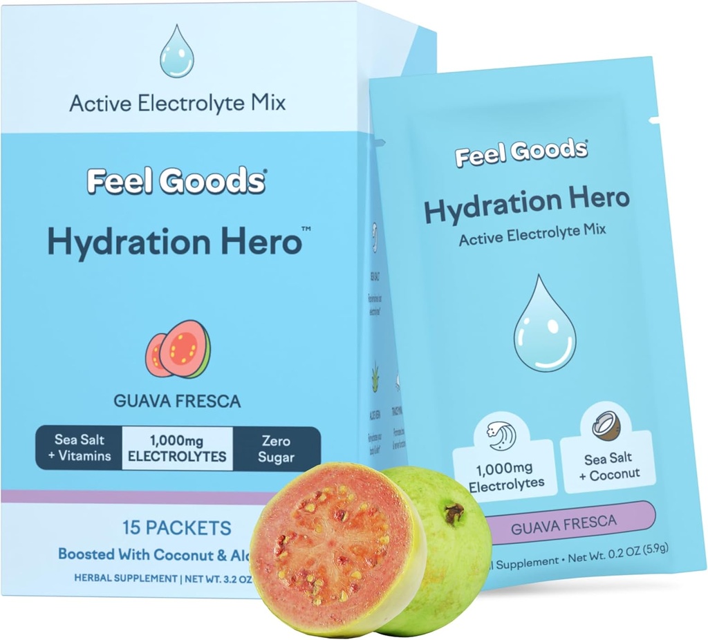 Feel Goods Hydration Hero, 1000mg ηλεκτρολυτών σκόνης, χωρίς ζάχαρη, μαγνήσιο, οργανικό νερό καρύδας, L θεανίνη, βιταμίνη C & B12, μη GMO, Keto, Vegan, Electrolyte Packets 
