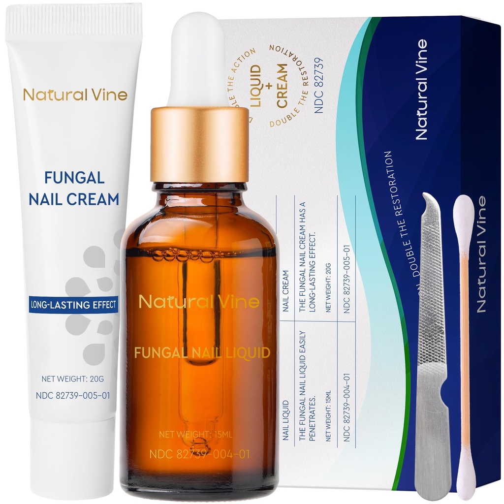 Natural Vine Nail Repair Care Kit: Nail Renewal Liquid 15mL and Nail Repair Cream 20g for Toenails and Fingernails, Extra Strength Nail Appearance Support with Botanical Extracts