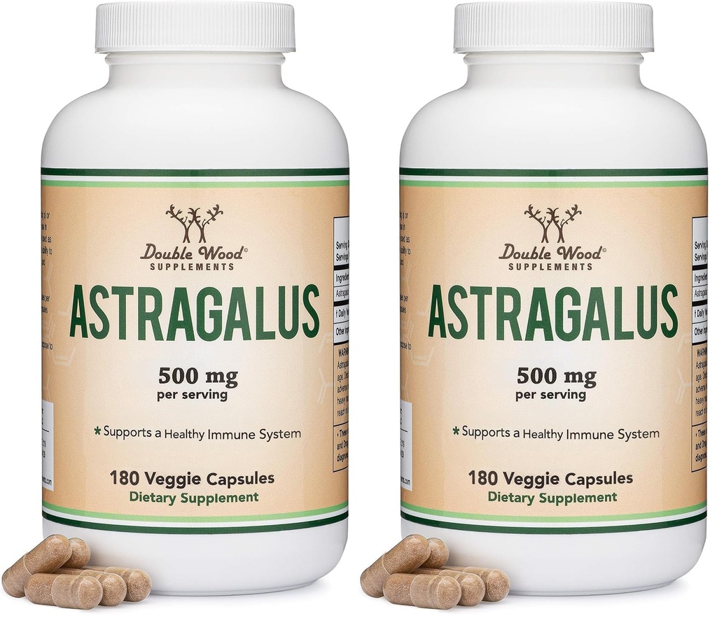 Double Wood Supplements Immune Boosting Astragalus 500mg 180 Capsules - Rich in Flavonoids and Polysaccharides - Non-GMO, Gluten Free, Third Party Tested (Pack of 2)