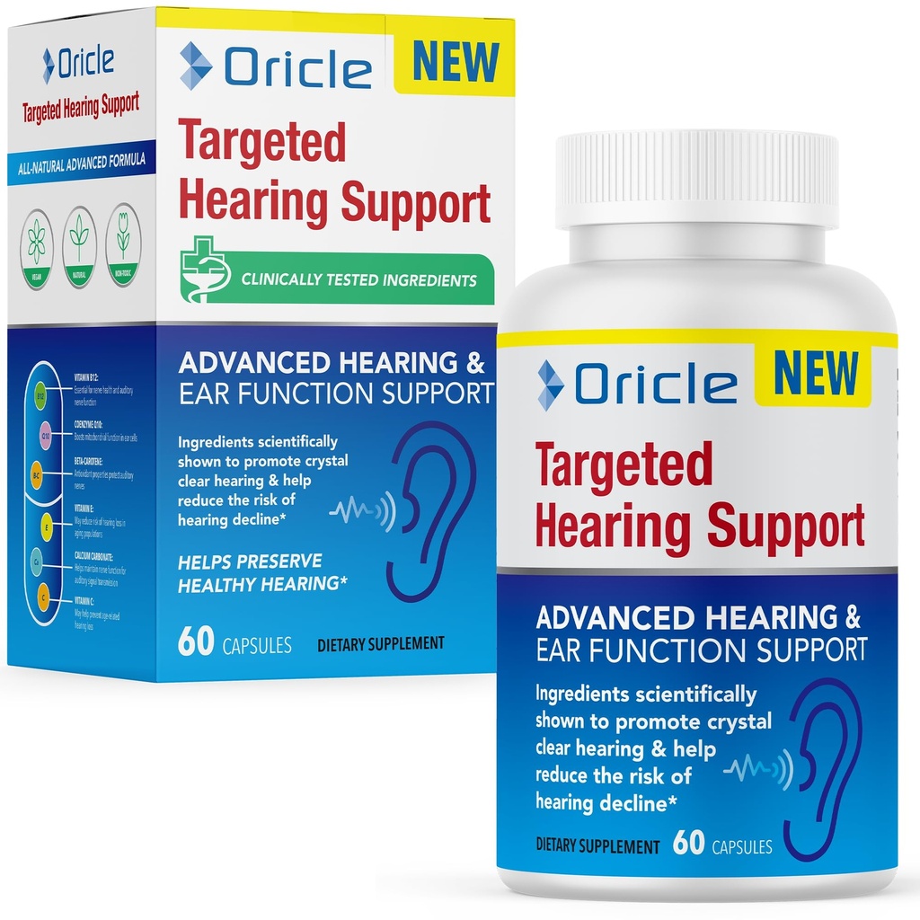 Oricle Targeted Hearing Support – Natural Hearing Health Supplement with Ginkgo Biloba, CoQ10, Turmeric & Zinc – Promotes Ear Function, Circulation & Wellness – 60 Vegan Capsules