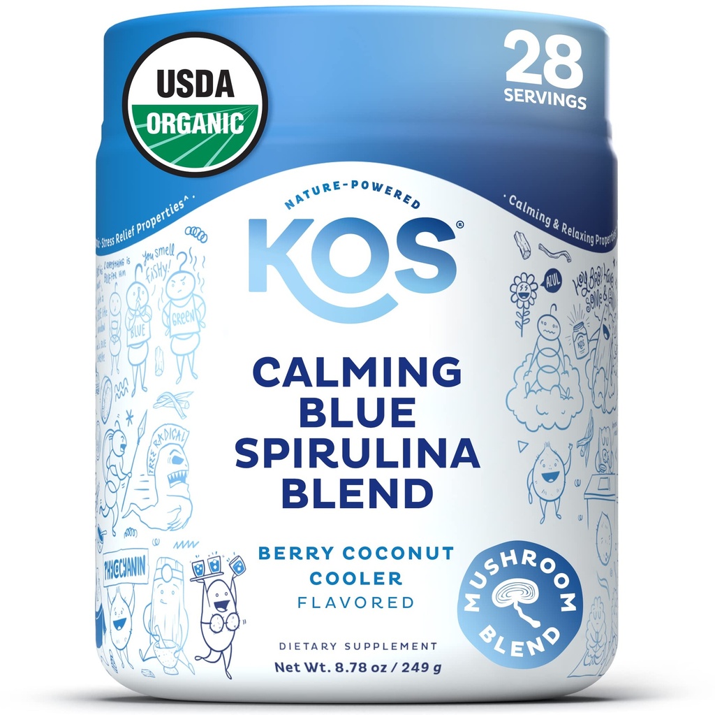 KOS Calming Blue Spirulina Blend- USDA Certified Organic - Algae Superfood Powder with Ashwagandha Root, Lemon Balm, Reishi Mushroom, Β Βιταμίνες - Berry Coconut Coocker Flavor, 28 Μερίδες