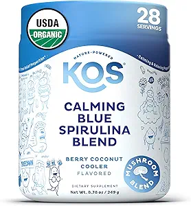 KOS Calming Blue Spirulina Blend- USDA Certified Organic - Algae Superfood Powder with Ashwagandha Root, Lemon Balm, Reishi Mushroom, Β Βιταμίνες - Berry Coconut Coocker Flavor, 28 Μερίδες