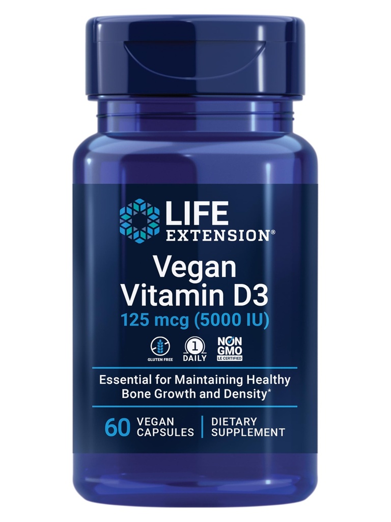 Επέκταση ζωής Vegan Βιταμίνη D3, 125 mcg (5000 IU), χοληκαλσιφερόλη από άλγη, υψηλής ισχύος Ανοσοποιητική, Οστική & Ολική-Body Υγεία, Χωρίς γλουτένη, Μη ΓΤΟ, 1 Καθημερινή, Vegan, 60 Vegan Κάψουλες