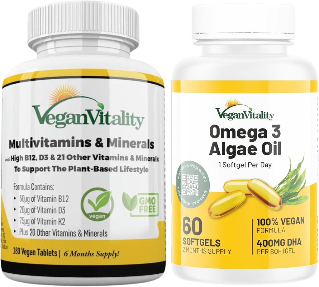 Vegan Vitality Immunity Booster Bundle 6 Μήνες - Vegan Multivitamins και Vegan Omega 3 Algae Oil. Υψηλής αντοχής Plant Based Formula for Immunity, Energy Συνολική Υγεία για Vegans και χορτοφάγους