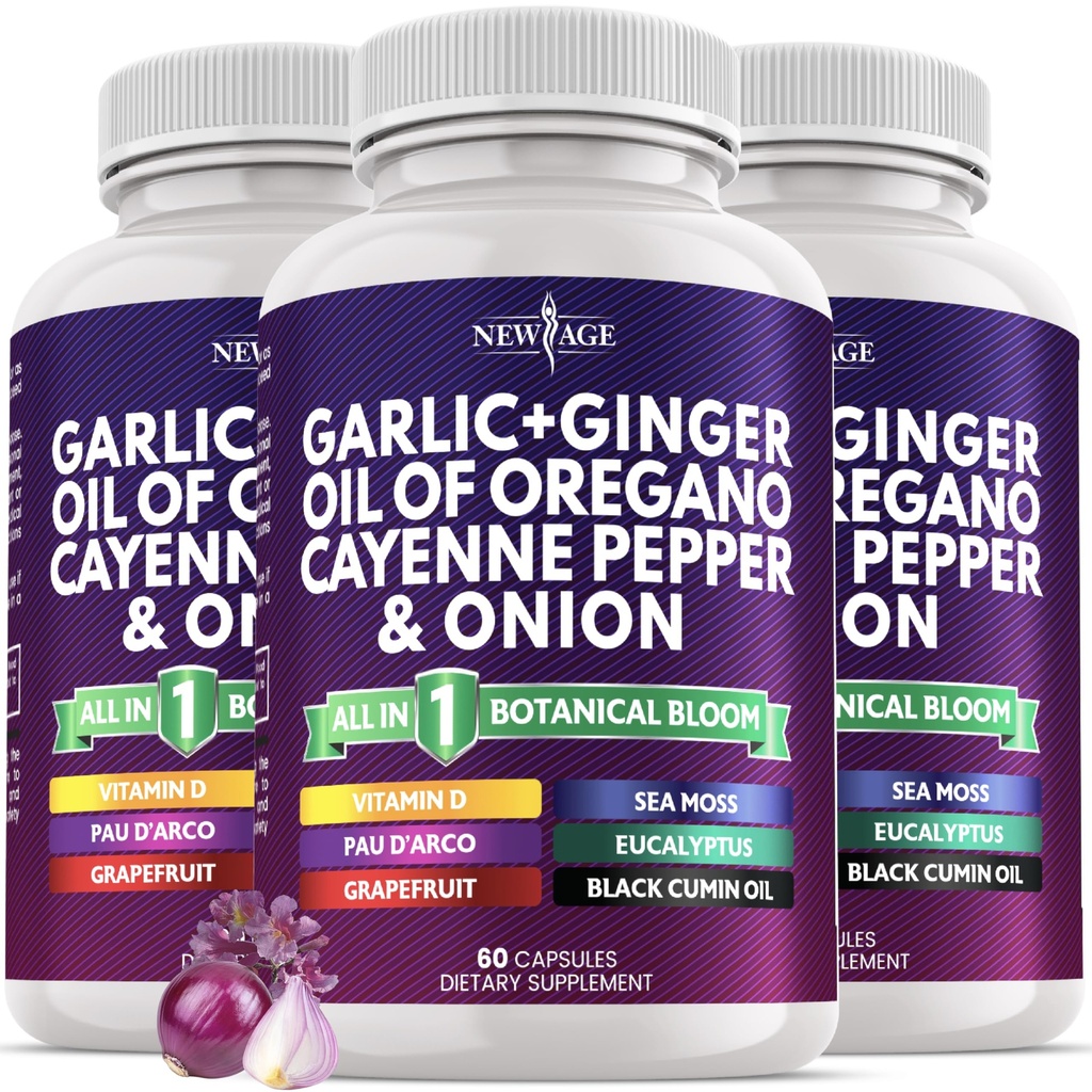 NEW AGE Garlic + Ginger Supplement - Oil of Oregano, Cayenne Pepper, Soursop, Black Cumin, Sea Moss, Black Pepper - Black Seed Cleanse - 180 Count