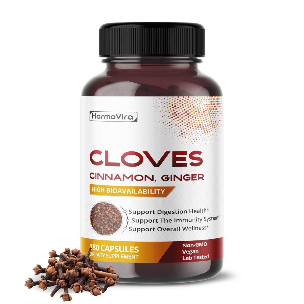 Cloves Supplement with Cinnamon, Ginger, Turmeric, Oregano & Black Pepper – Support Digestion, Immunity & Respiratory Wellness – 180 Vegan Capsules
