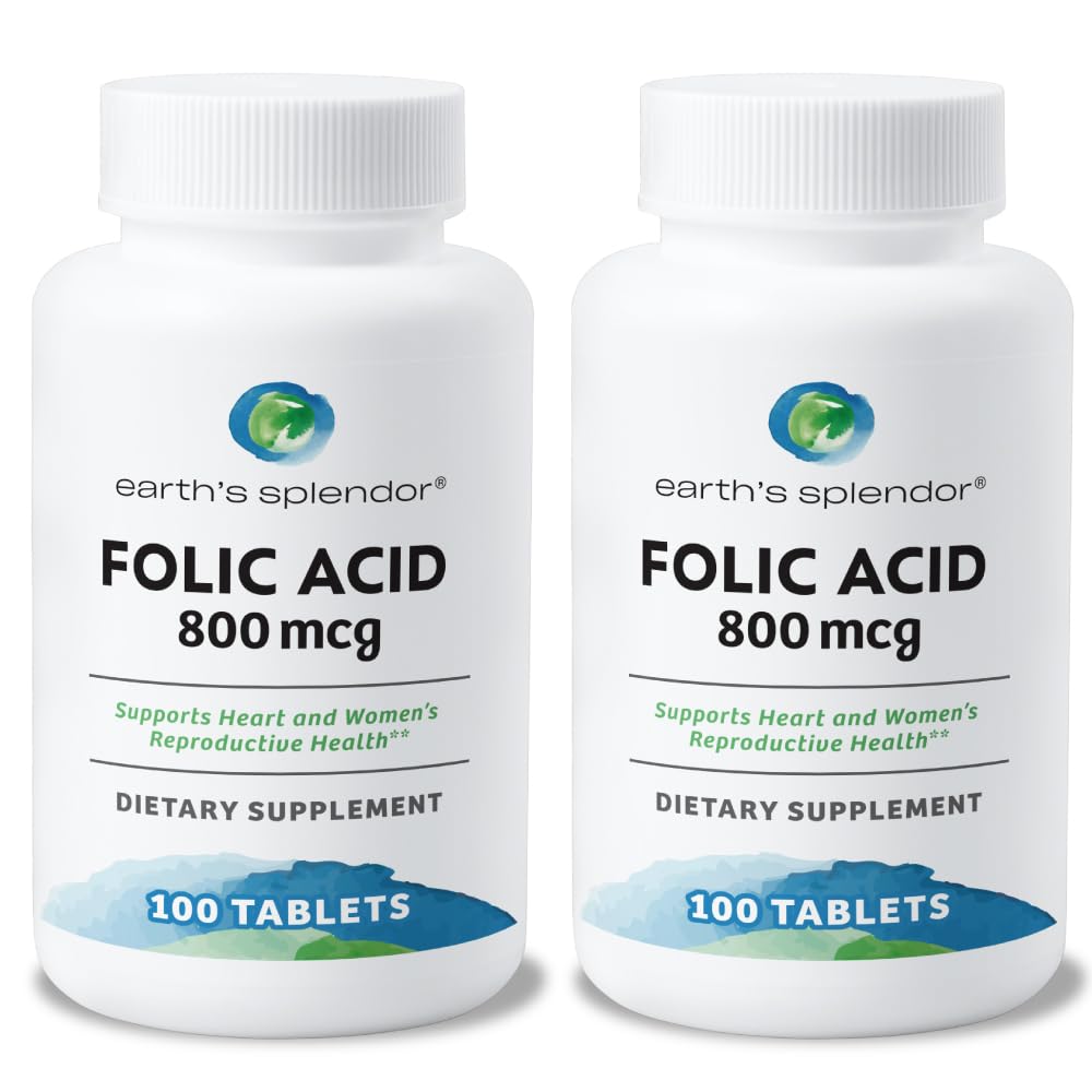 Earth's Splendor Folic Acid 800 mcg Supplement, Supports Heart Health, Supports Women's Reproductive Health, Smooth Coated Tablets (800 mcg, 200 Tablets, Pack of 2)