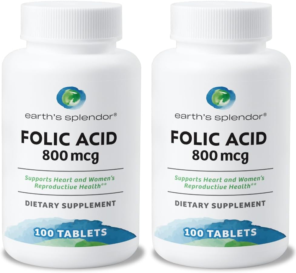 Folic Acid 800 mcg της Γης συμπλήρωμα, υποστηρίζει την υγεία της καρδιάς, υποστηρίζει την αναπαραγωγική υγεία των γυναικών, λεία επικαλυμμένα δισκία (800 mcg, 200 δισκία, συσκευασία του 2)