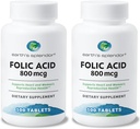 Folic Acid 800 mcg της Γης συμπλήρωμα, υποστηρίζει την υγεία της καρδιάς, υποστηρίζει την αναπαραγωγική υγεία των γυναικών, λεία επικαλυμμένα δισκία (800 mcg, 200 δισκία, συσκευασία του 2)
