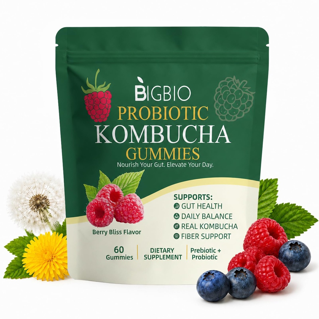 Probiotic Kombucha Gummies, Fiber, Slippery Elm, Dandelion Root, Digestive Balance Support, Men Women, Berry Bliss Flavor, 60 Gummies