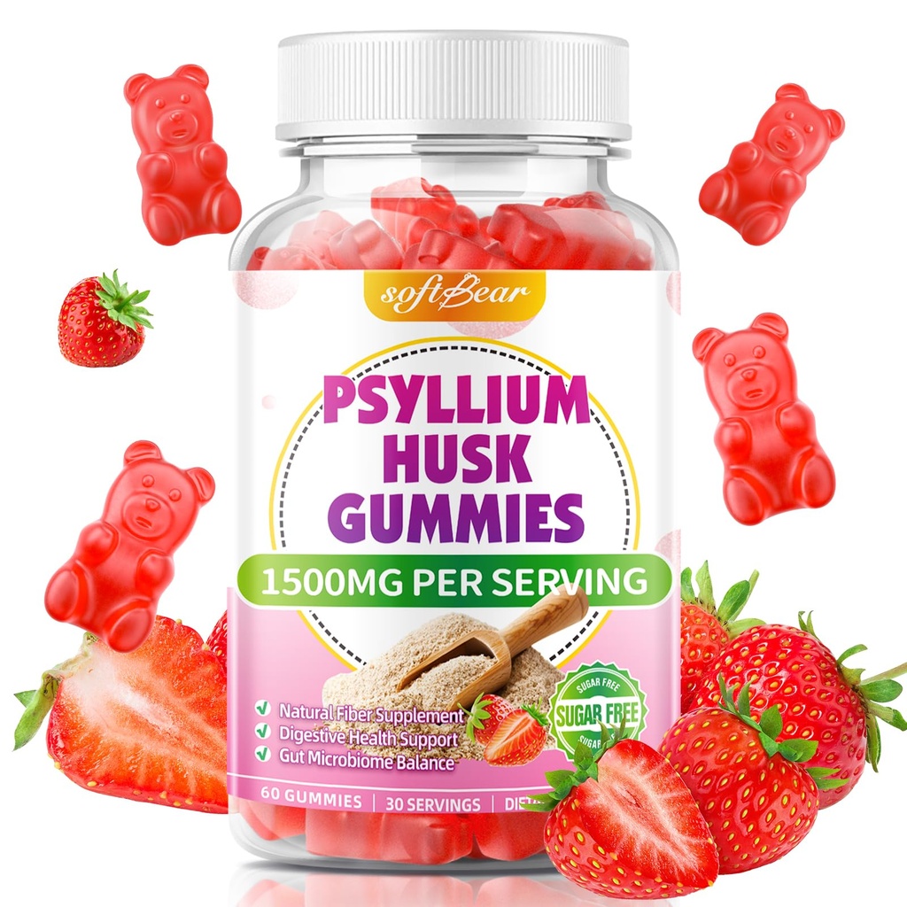 softbear Psyllium Husk Gummies 1500mg, Strawberry Flavor 60 Count | Psyllium Husk Supplement for Gut & Digestive Health, Regularity Support, Vegan/Organic/Sugar Free Psyllium Husk Fiber Gummie