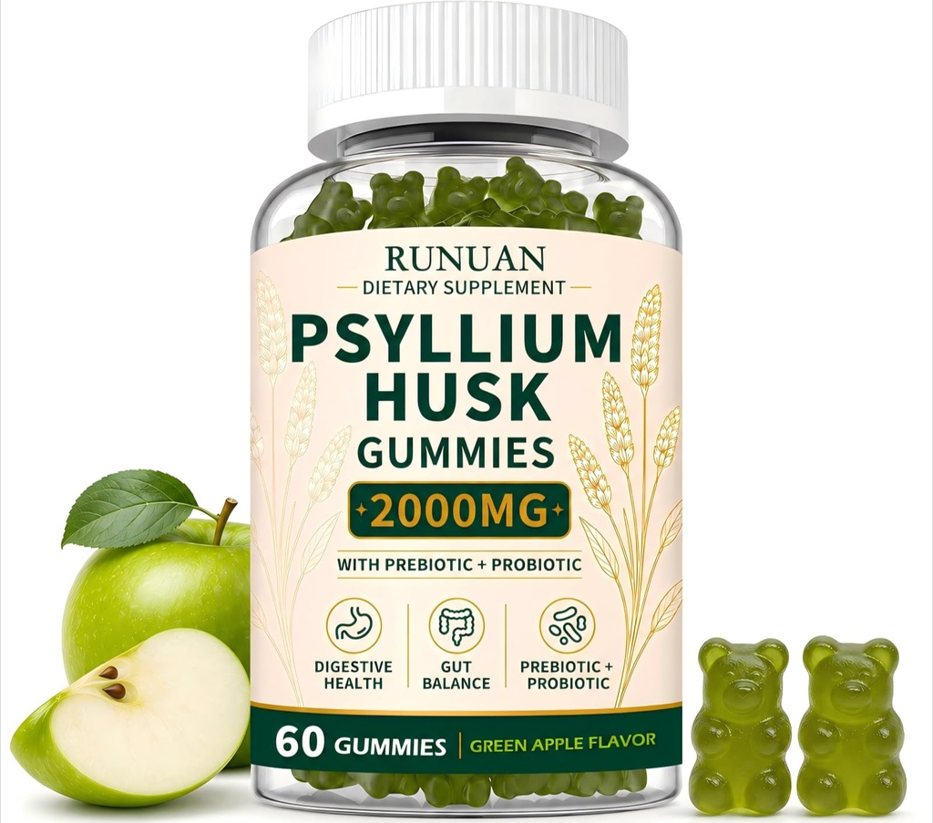 Psyllium Husk Gummies 2000mg with Probiotics, Inulin, Sugar Free, 60 Count | 2000mg Psyllium Husk Supplement for Adults, Digestive and Regularity Support, Sugar Free, Vegan, Non-GMO, Apple Fiber Chews
