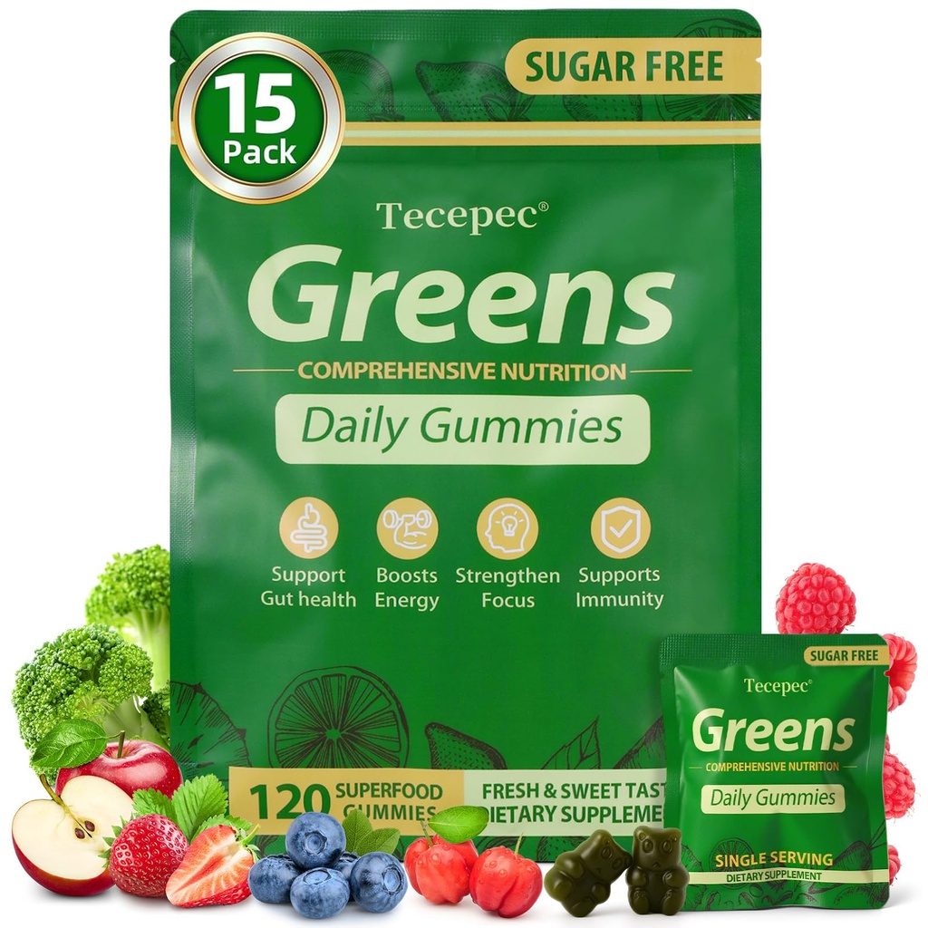 Sugar Free Greens Daily Gummies, Superfood Fruits Veggies Blend with Spirulina, Chlorella, Prebiotics & Fiber, Adaptogens Multivitamin Supplement for Women Men Digestive Health, Non-GMO, 120 Count