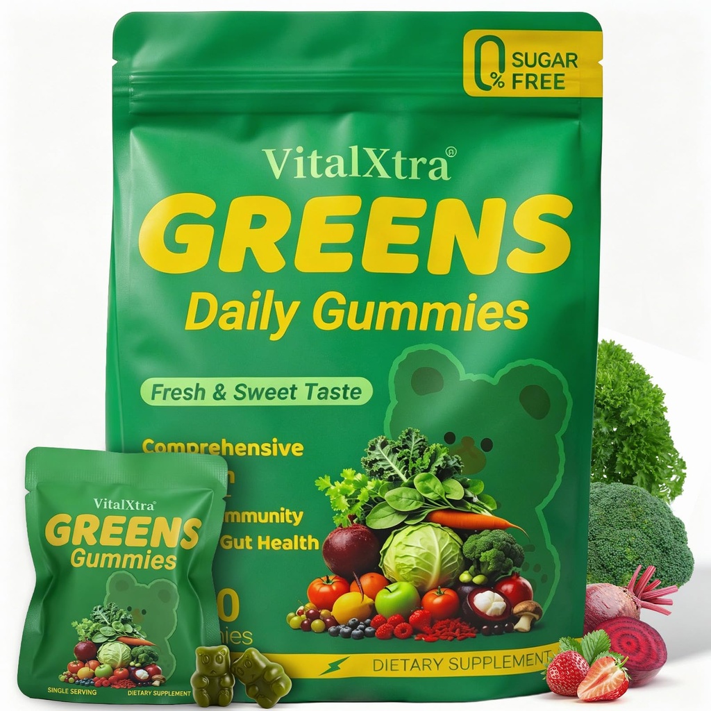 Sugar-Free Greens Gummies, Superfood Multivitamin Gummy for Adults, Greens Daily Gummies w/Spirulina, Chlorella, Adaptogens, Prebiotic Fiber & Fruit Veggie for Digestive Health, 120 Count