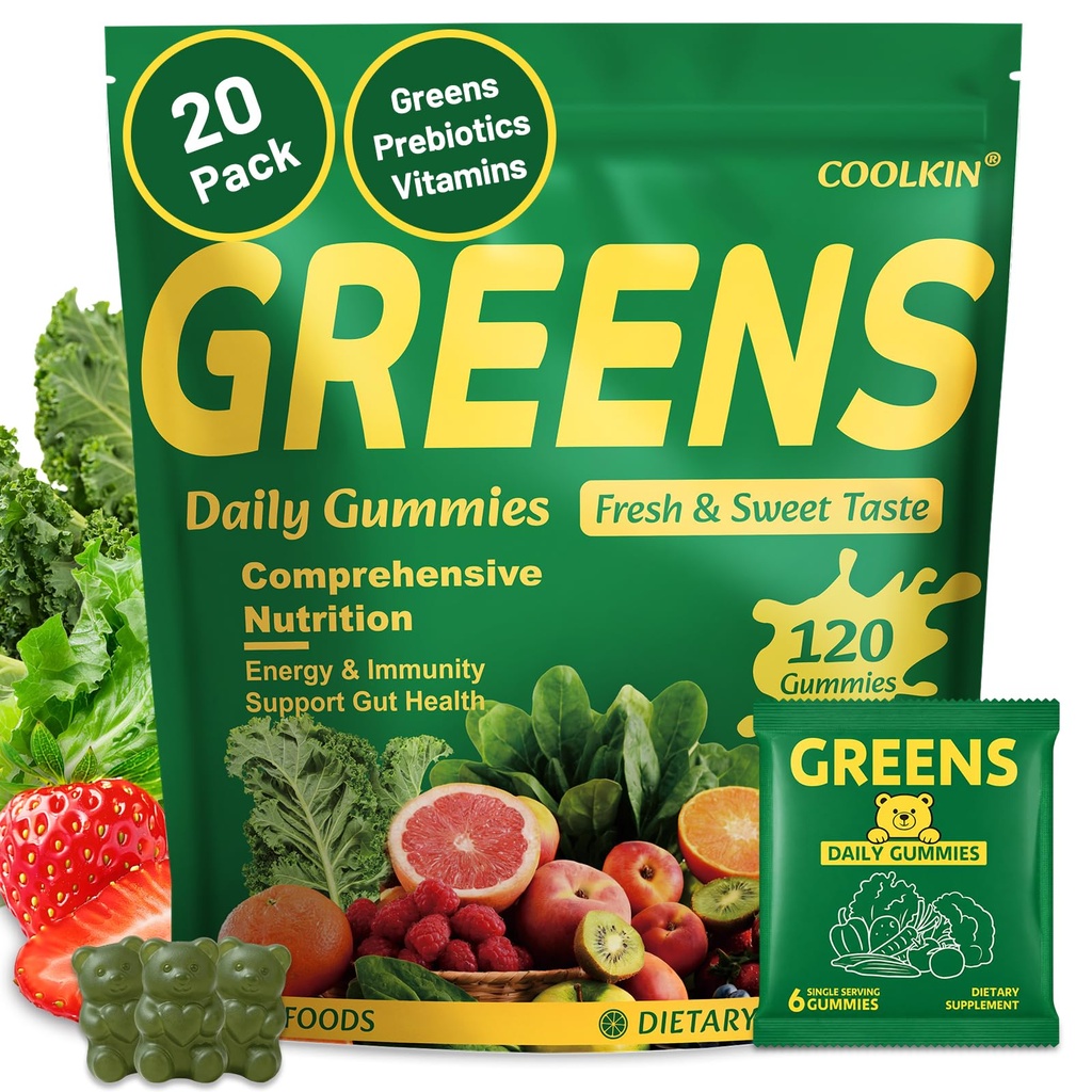 COOLKIN Greens Daily Gummies, Adult Super Greens Multivitamin Superfood Gummies with Spirulina, Chlorella, Adaptogens & Prebiotic Fiber - Digestive Health Support, (20 Count)