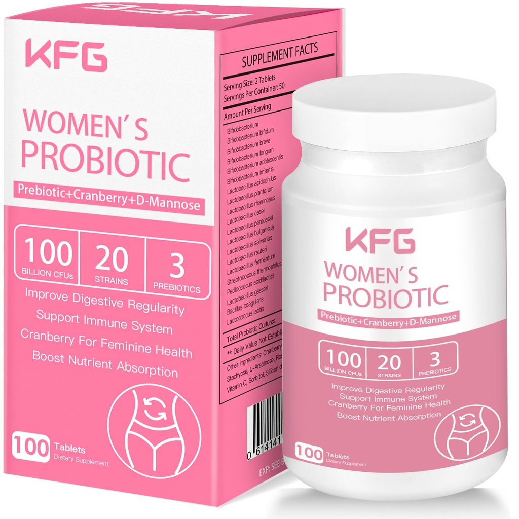 KFG Women's Probiotic, 100 Billion CFUs, 20 Strains, with Organic Prebiotics+Cranberry & D-Mannose, for Boost Immune, Digestive, Gut Health, Gluten Dairy & Soy Free, 100 Tablets.