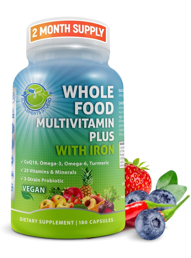 Vegan Whole Food Daily Multivitamin with Iron, methylated Multivitamin for Women and Men, Made with Fruits & Fruits, B-Complex, Probiotics, Enzymes, CoQ10, Omegas, Turmeric, Non-GMO, 180 Count