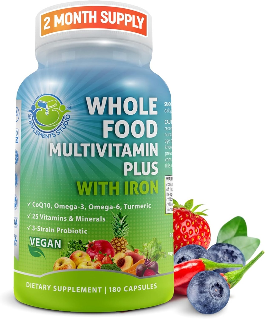Vegan Whole Food Daily Multivitamin with Iron, methylated Multivitamin for Women and Men, Made with Fruits & Fruits, B-Complex, Probiotics, Enzymes, CoQ10, Omegas, Turmeric, Non-GMO, 180 Count