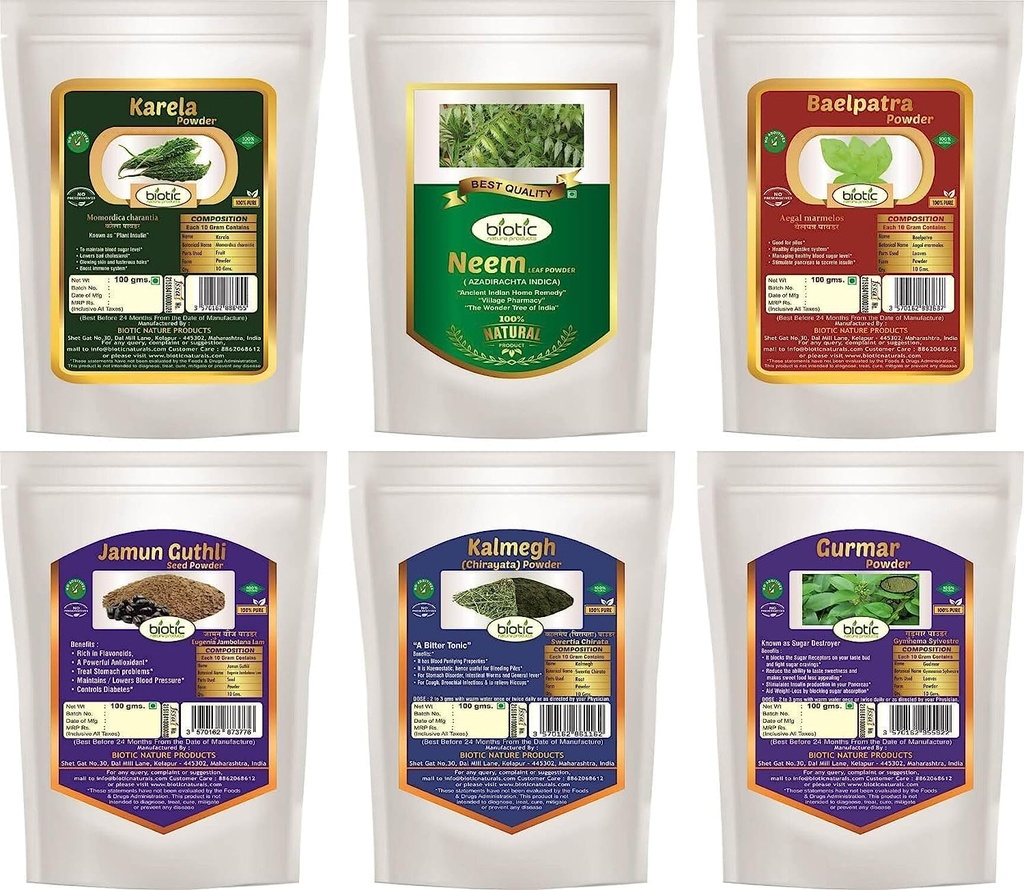 Neem Leaf, Karela, Gurmar, Kalmegh, Baelpatra & Jamun Seed (Powder) (600gms (100 GMS Each)) - by pharmacylife